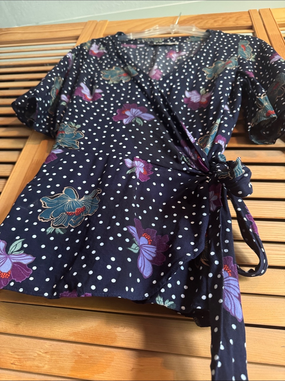 LOFT Navy Wrap Blouse with Floral and Polka Dot Print